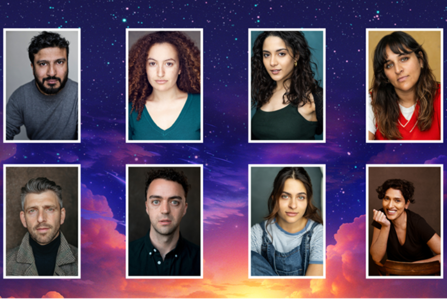 Arabian nights cast: Top row: Saikat Ahamed, Ajjaz Awad, Sara Diab, Roxy Faridany.  Bottom row: Nicholas Karimi, Patrick Osborne, Yasemin Özdemir, Arinder Sadhra